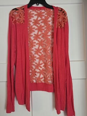 Open-Front Floral Lace Back Women's Cardigan Sweater - Coral